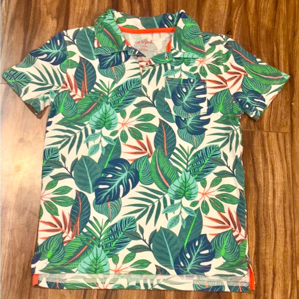 Cat&Jack Boys M (8/10) Hawaiian Polynesian White Blue Green Orange Polo Shirt